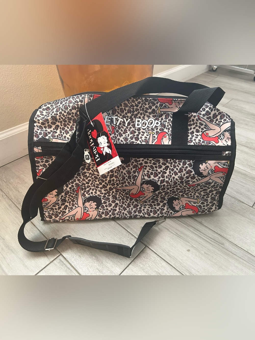 Betty Boop Leopard Print Travel Bag with Red Accents